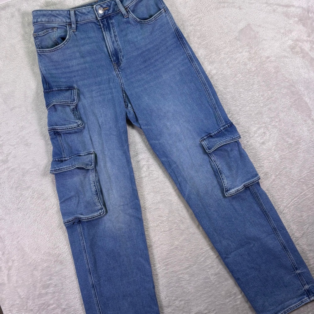 Express Womens Relaxed Straight Cargo Jeans 8R Blue High Rise Stretch Utility